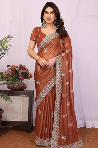 Rust orange georgette embroidery coding work saree with matching blouse piece