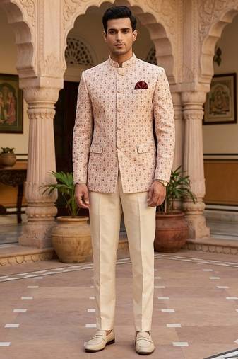 Beige color jodhpuri with maroon color touchup embroidery for men | premium designer bandhgala ethnic wear