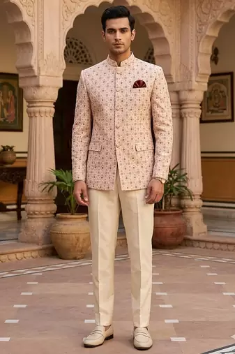 Beige color jodhpuri with maroon color touchup embroidery for men | premium designer bandhgala ethnic wear