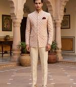 Beige color jodhpuri with maroon color touchup embroidery for men | premium designer bandhgala ethnic wear