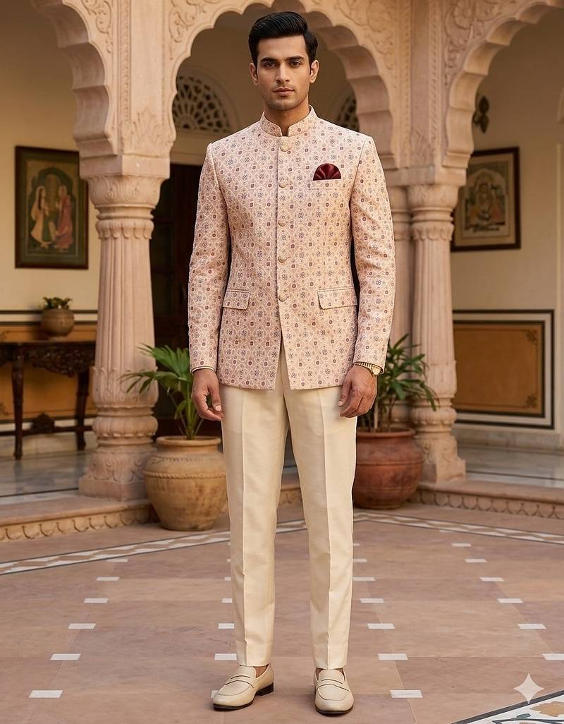 Beige color jodhpuri with maroon color touchup embroidery for men | premium designer bandhgala ethnic wear