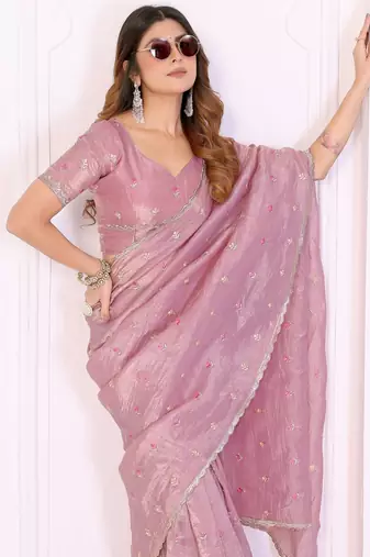 Pink crepe sequence multi work saree with matching blouse piece