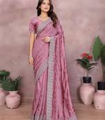 Pink vichitra silk embroidery work saree with matching blouse piece