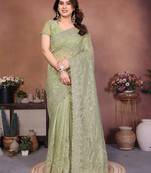 Green twill net embroidery work saree with matching blouse piece