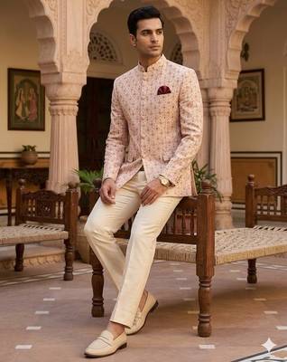 Beige color jodhpuri with maroon color touchup embroidery for men | premium designer bandhgala ethnic wear 2