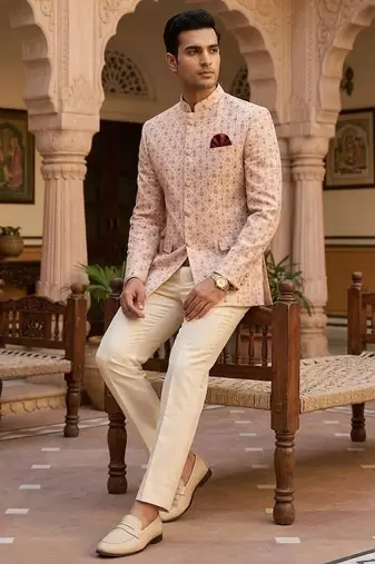 Beige color jodhpuri with maroon color touchup embroidery for men | premium designer bandhgala ethnic wear