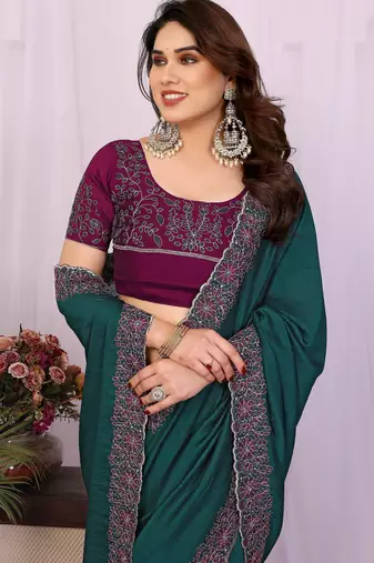teal green embroidery vichitra silk saree with blouse