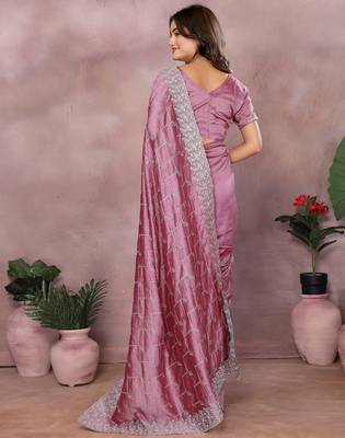 pink vichitra silk saree with embroidery work and blouse piece 2