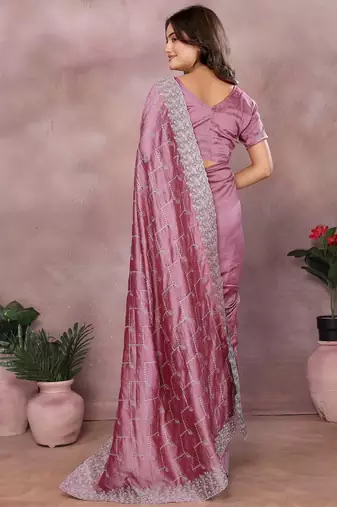 Pink vichitra silk embroidery work saree with matching blouse piece