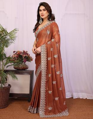 rust orange embroidery georgette saree with blouse 3