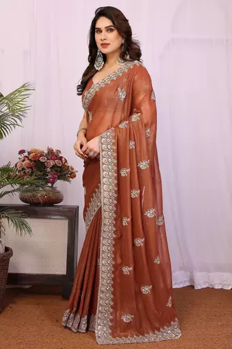 Rust orange georgette embroidery coding work saree with matching blouse piece