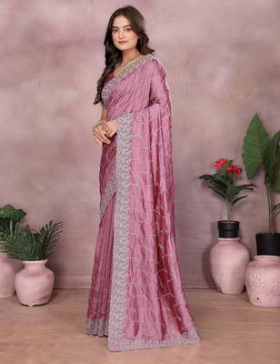 pink vichitra silk saree with embroidery work and blouse piece 3