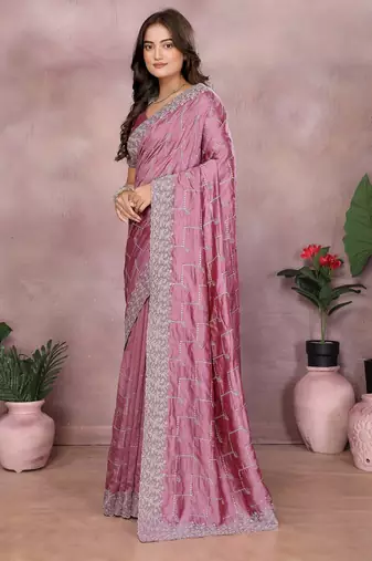Pink vichitra silk embroidery work saree with matching blouse piece