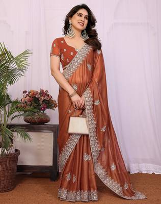 rust orange embroidery georgette saree with blouse 4