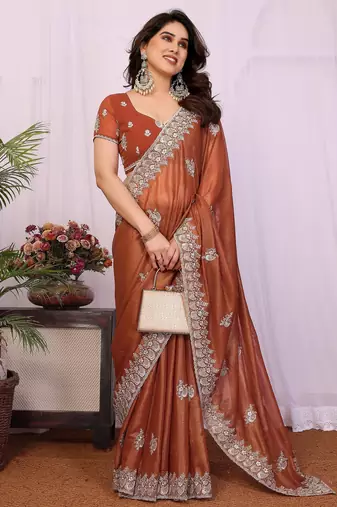 Rust orange georgette embroidery coding work saree with matching blouse piece