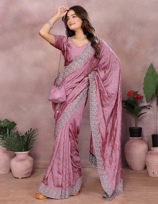 pink vichitra silk saree with embroidery work and blouse piece 4