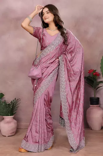 Pink vichitra silk embroidery work saree with matching blouse piece
