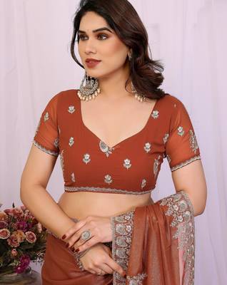 rust orange embroidery georgette saree with blouse 5