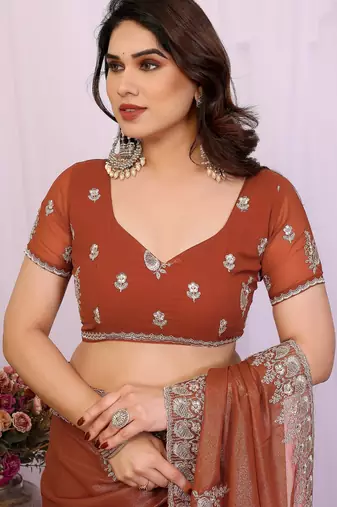 Rust orange georgette embroidery coding work saree with matching blouse piece