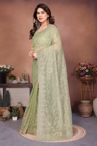 Green twill net embroidery work saree with matching blouse piece
