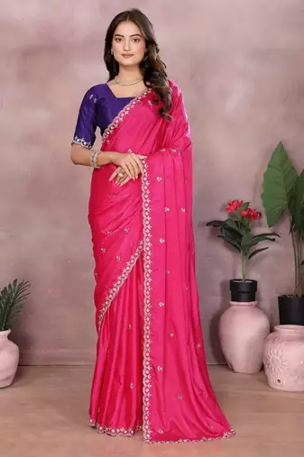 Pink chinon silk embroidery work saree with contrast blouse piece