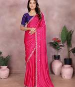 Pink chinon silk embroidery work saree with contrast blouse piece