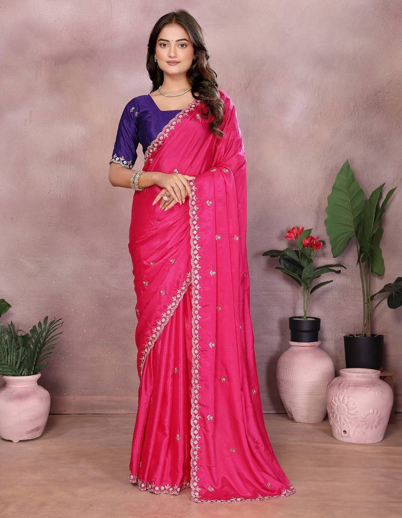 Pink chinon silk embroidery work saree with contrast blouse piece