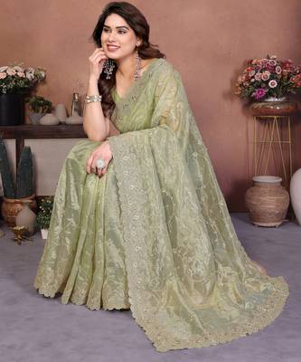 Green twill net embroidery work saree with matching blouse piece 4
