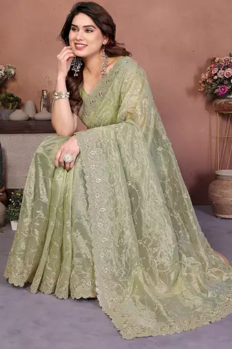 Green twill net embroidery work saree with matching blouse piece