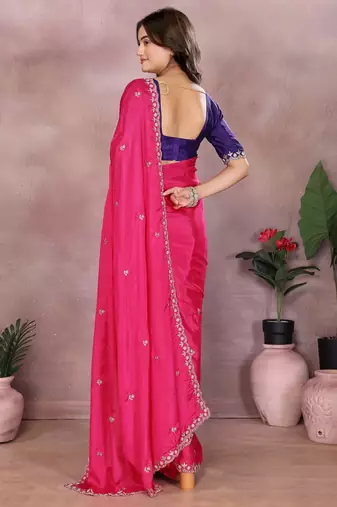 Pink chinon silk embroidery work saree with contrast blouse piece