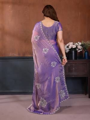 Lavender moss chiffon embroidery work saree with matching blouse piece 2