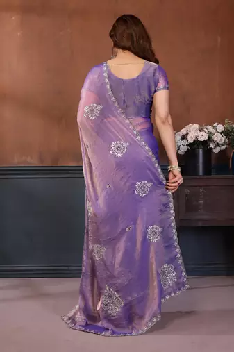 Lavender moss chiffon embroidery work saree with matching blouse piece