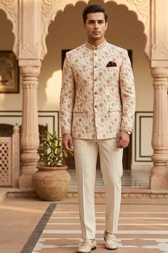Beige color jodhpuri with maroon color touchup embroidery for men | premium designer bandhgala ethnic wear