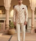 Beige color jodhpuri with maroon color touchup embroidery for men | premium designer bandhgala ethnic wear