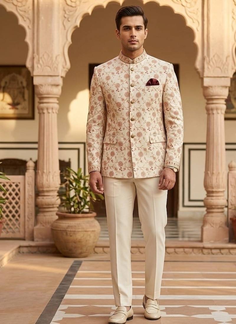 Beige color jodhpuri with maroon color touchup embroidery for men | premium designer bandhgala ethnic wear