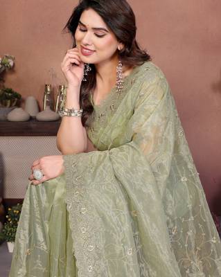 Green twill net embroidery work saree with matching blouse piece 5