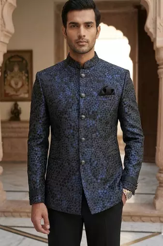 Sequence flowral black and blue color  jodhpuri for men | premium designer bandhgala ethnic wear