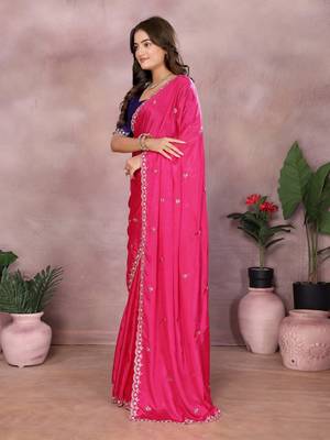 pink embroidery chinon silk saree with blouse piece 3