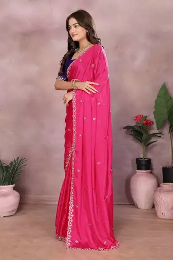 Pink chinon silk embroidery work saree with contrast blouse piece
