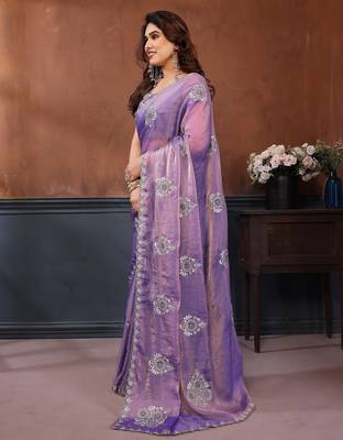 Lavender moss chiffon embroidery work saree with matching blouse piece 3