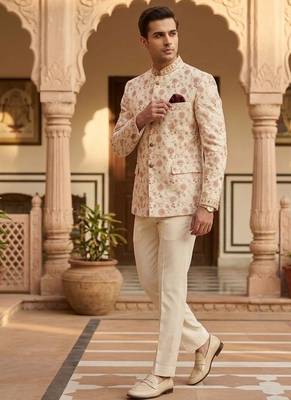 Beige color jodhpuri with maroon color touchup embroidery for men | premium designer bandhgala ethnic wear 2