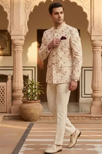 Beige color jodhpuri with maroon color touchup embroidery for men | premium designer bandhgala ethnic wear