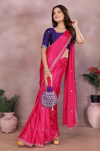 Pink chinon silk embroidery work saree with contrast blouse piece