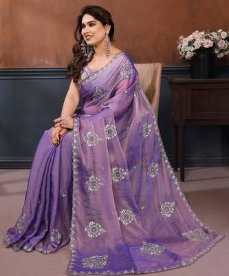 Lavender moss chiffon embroidery work saree with matching blouse piece 4