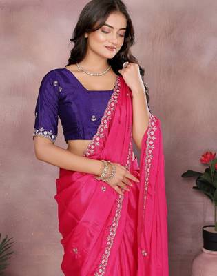 pink embroidery chinon silk saree with blouse piece 5