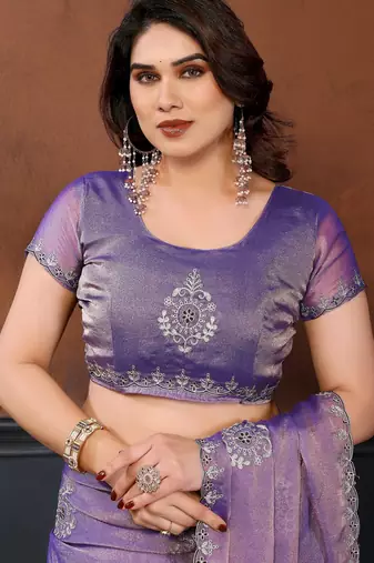 Lavender moss chiffon embroidery work saree with matching blouse piece