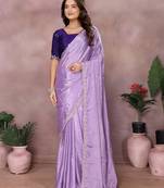 Lavender chinon silk embroidery work saree with contrast blouse piece