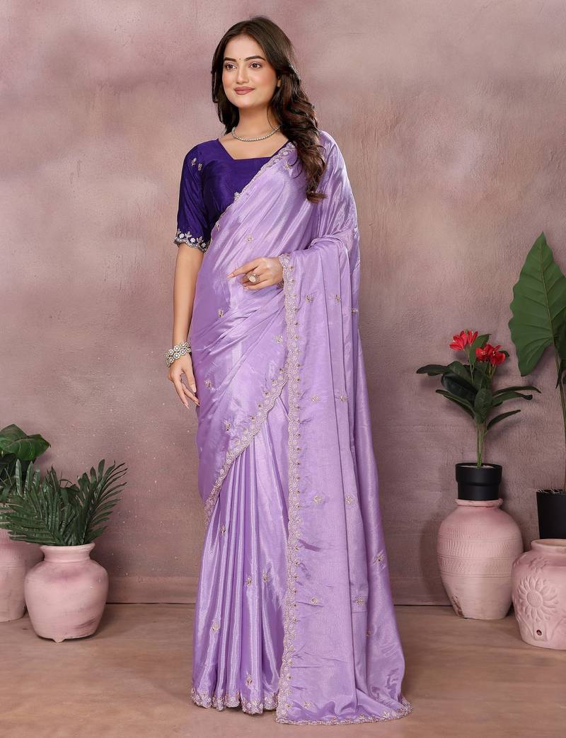 Lavender chinon silk embroidery work saree with contrast blouse piece