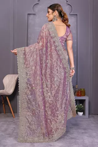 Lavender twill net embroidery work saree with matching blouse piece