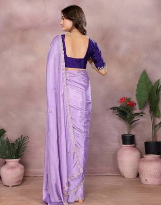 lavender embroidery chinon silk saree with blouse 2